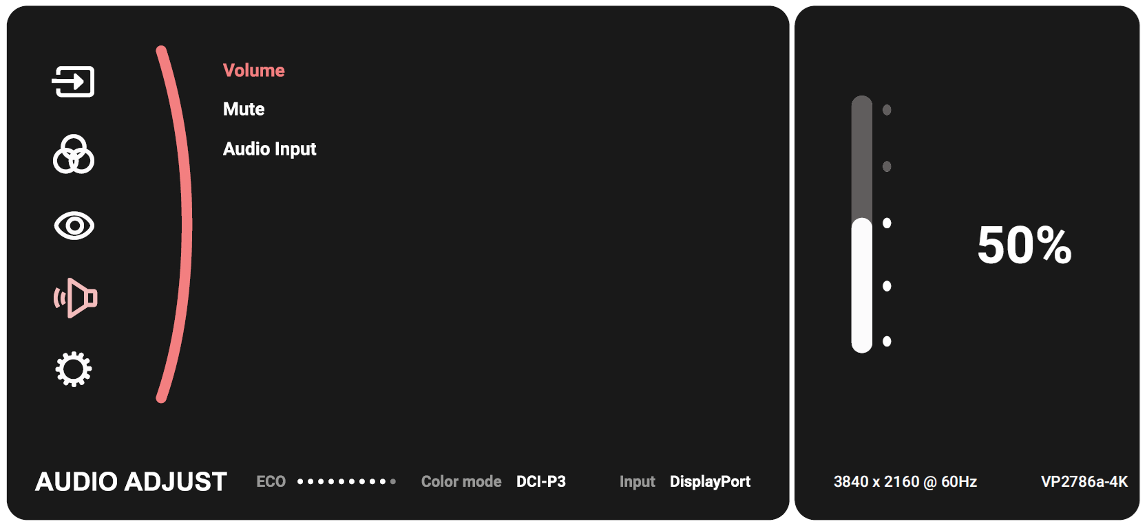 The Audio Adjust menu of the VP2786a-4K monitor.