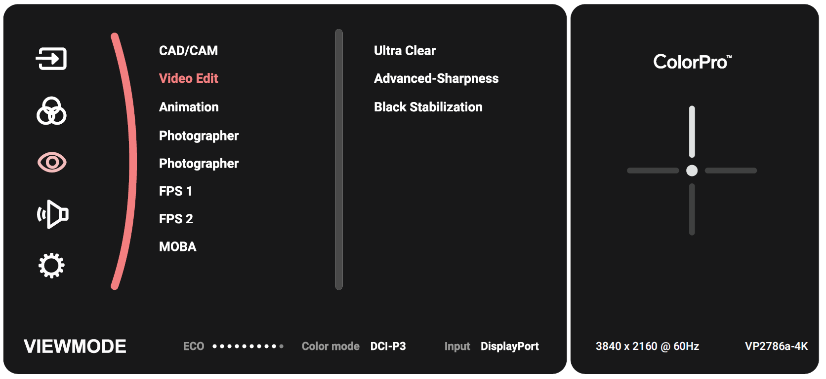 The ViewMode menu of the VP2786a-4K monitor.