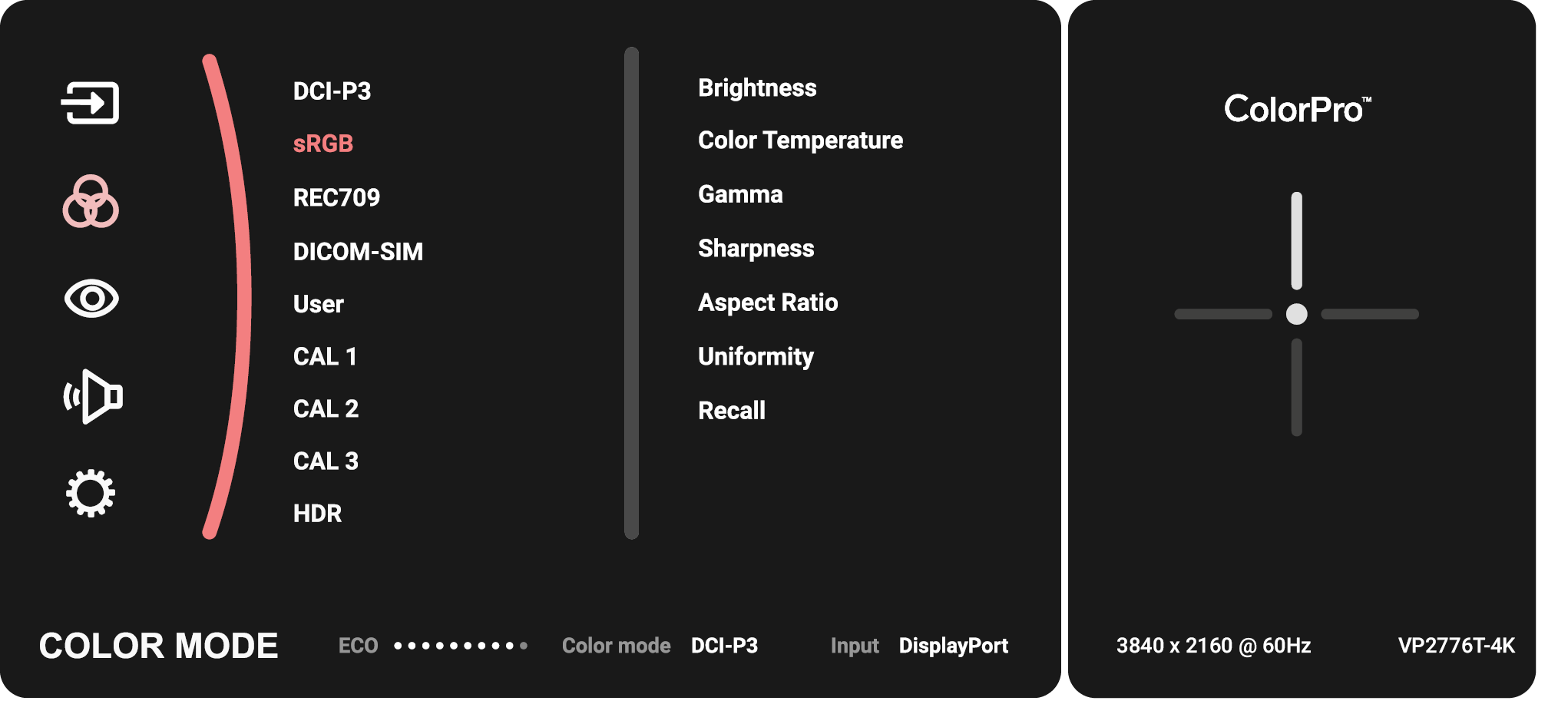 The Color Mode Menu Options of the VP2776T-4K monitor