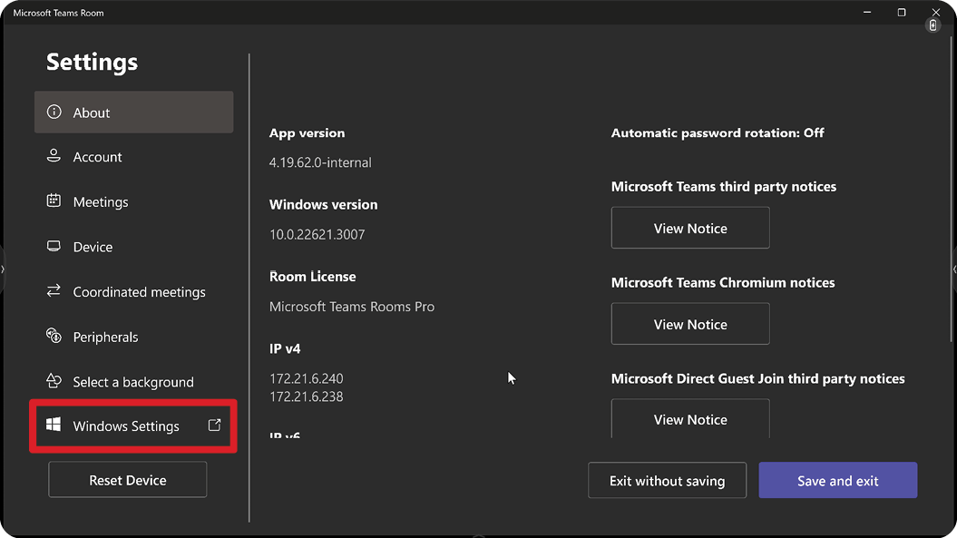 Windows Settings and Go to Admin Sign-in buttons