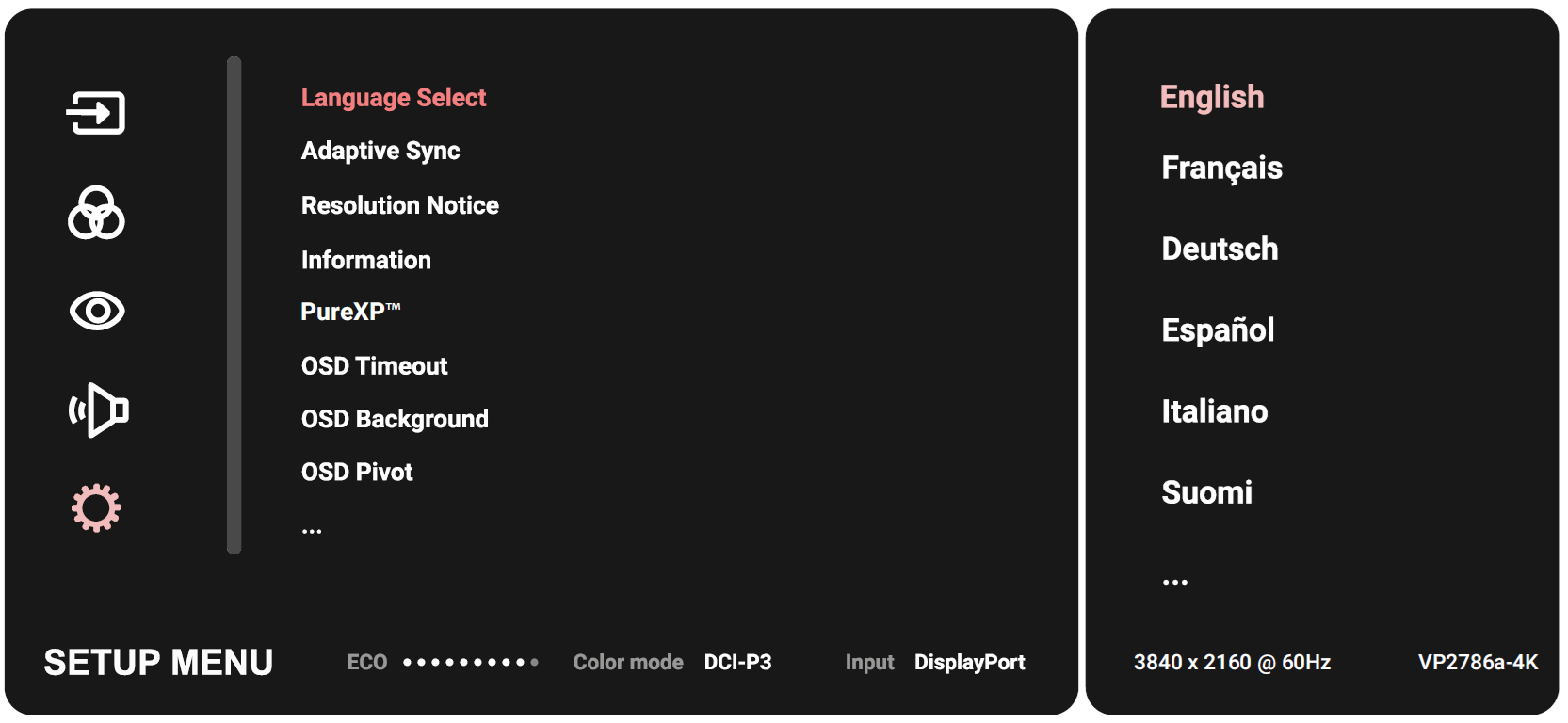 The Setup Menu of the VP2786a-4K monitor.