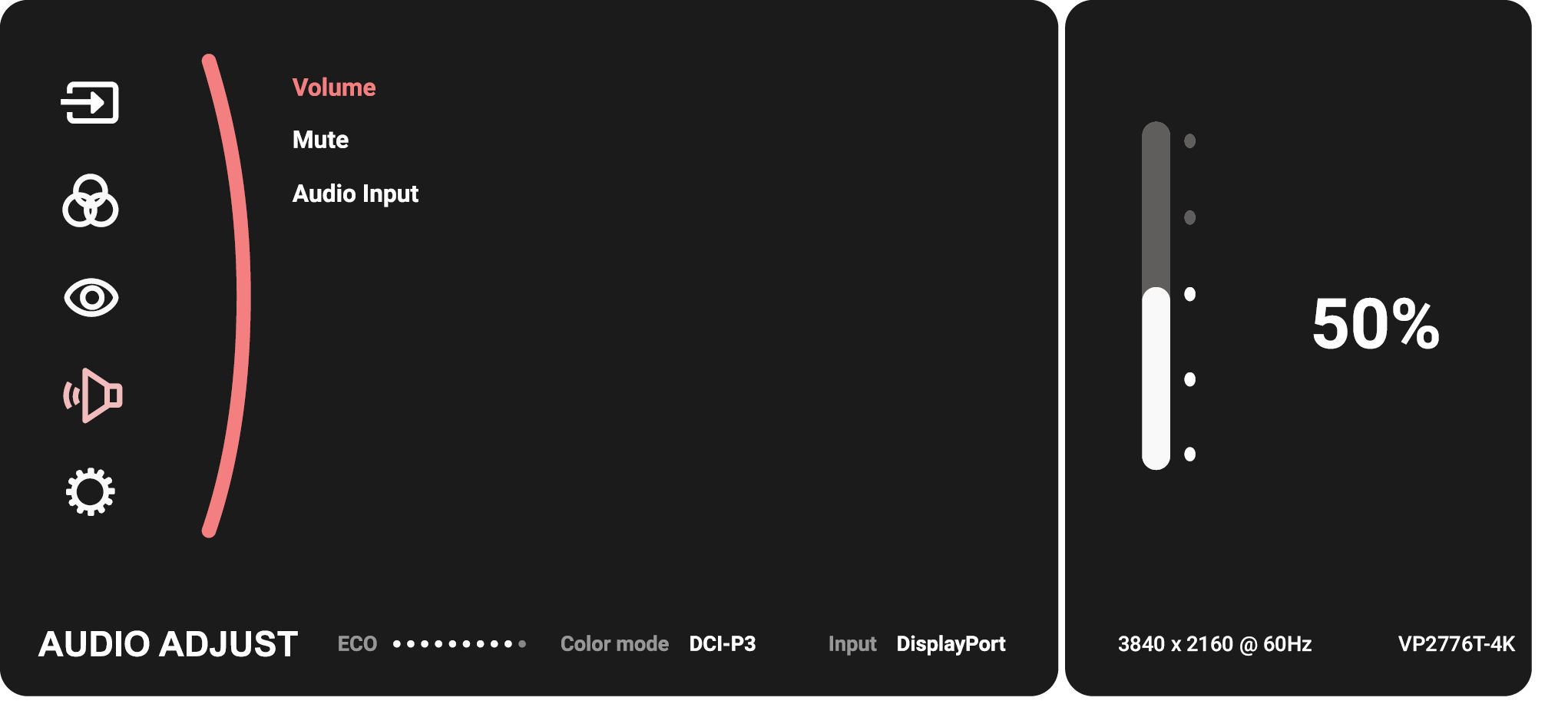 The Audio Adjust Menu Options of the VP2776T-4K monitor