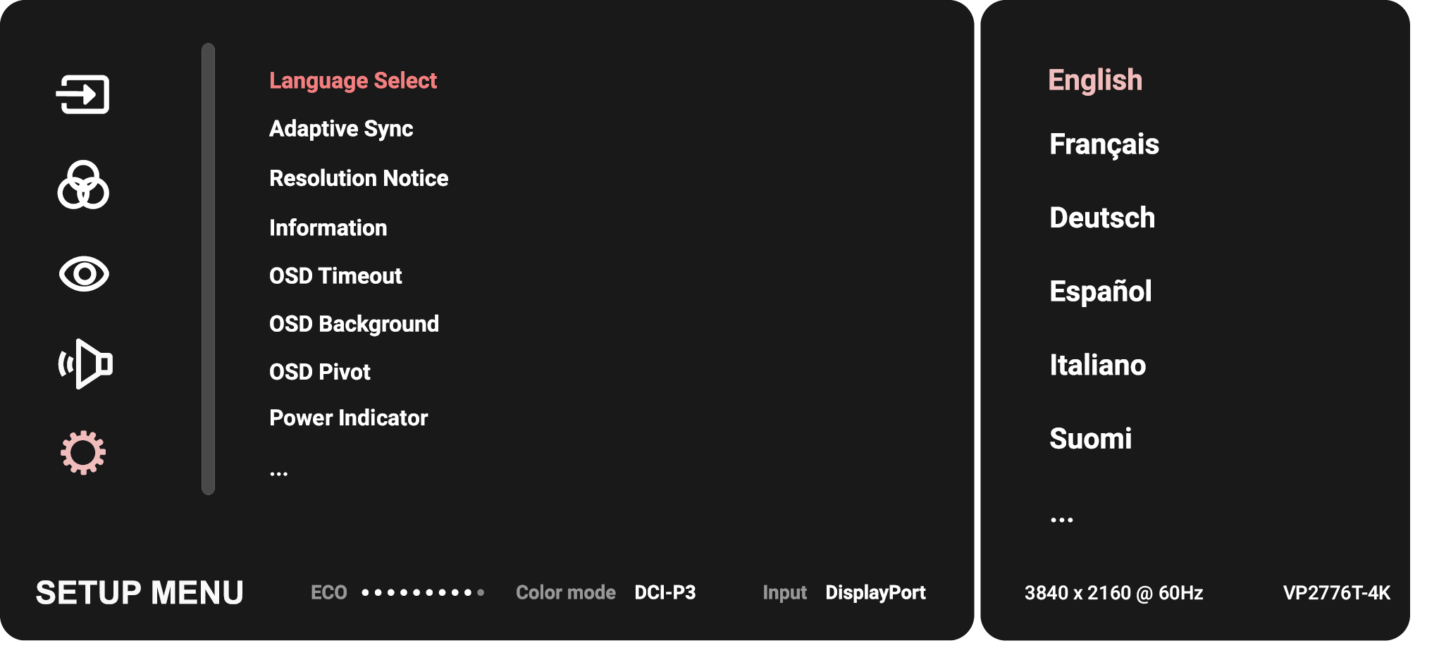 The Setup Menu Options of the VP2776T-4K monitor