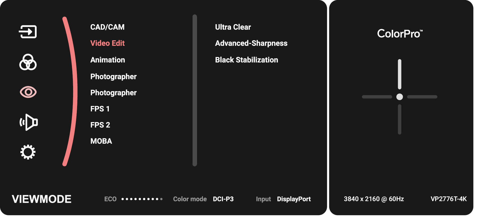 The ViewMode Menu Options of the VP2776T-4K monitor