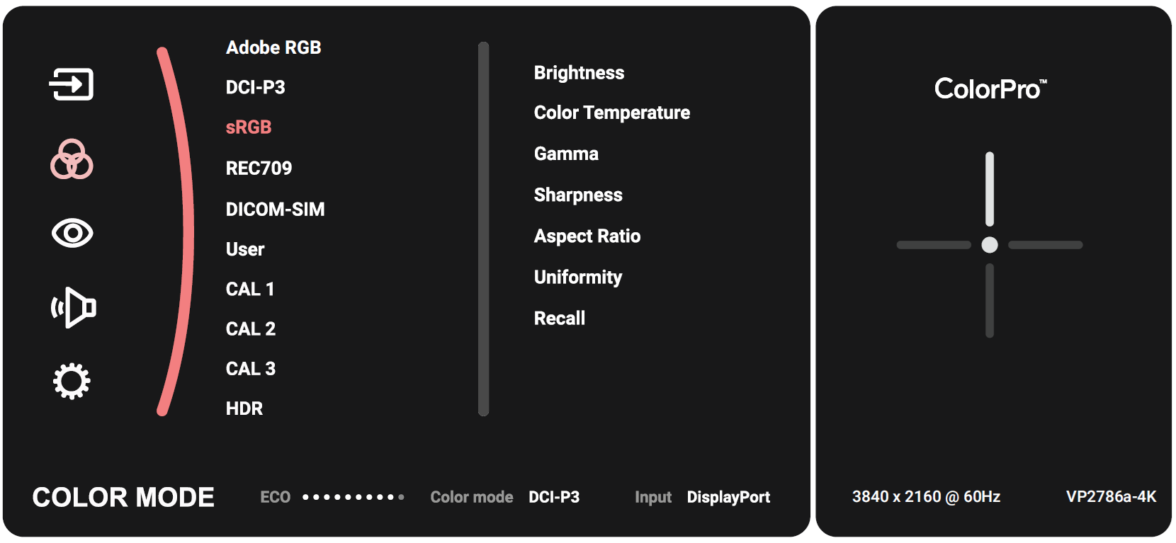 Das Menü "Farbmodus" des VP2786a-4K-Monitors.