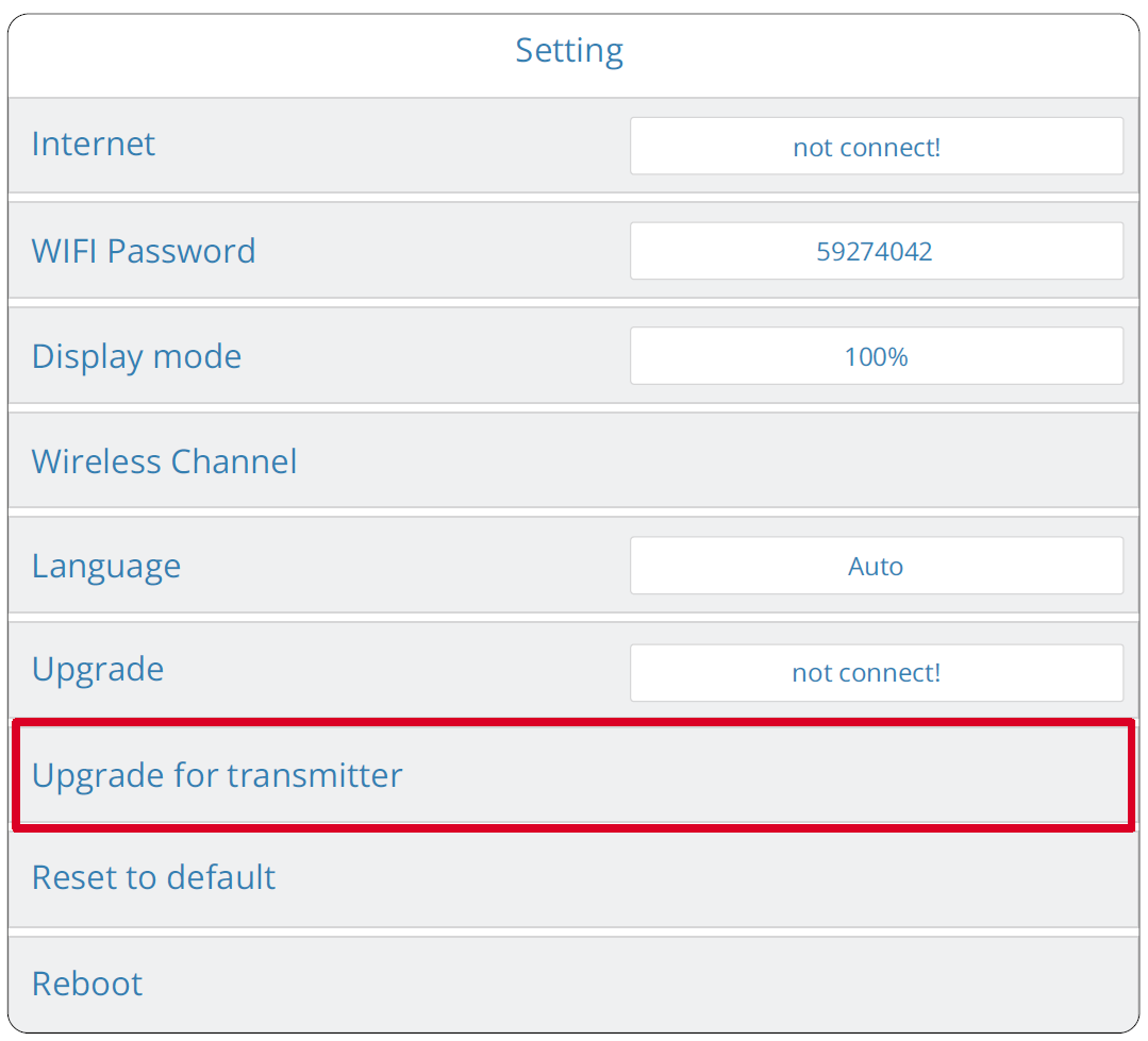 Select Upgrade for transmitter.