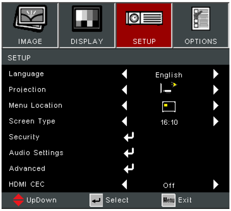 PA700W On-Screen Display Menu Options - ViewSonic Projector