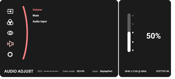 The Audio Adjust Menu Options of the VP2776T-4K monitor