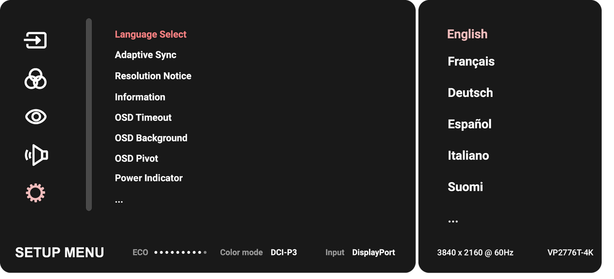 VP2776T-4K On-Screen Display Menu Options - ViewSonic Monitor