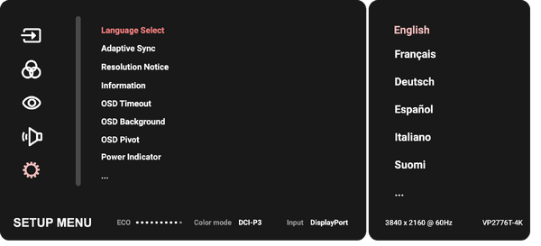 The Setup Menu Options of the VP2776T-4K monitor