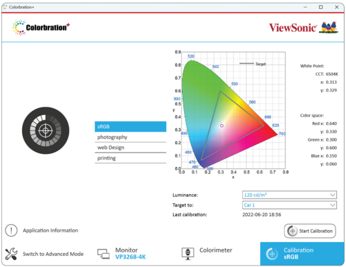 A screenshot of the ColorPro Colorbration+ application.